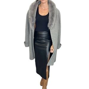Vtg 80s 90s Canadian made 100% wool genuine fox fur collar grey over coat 16
